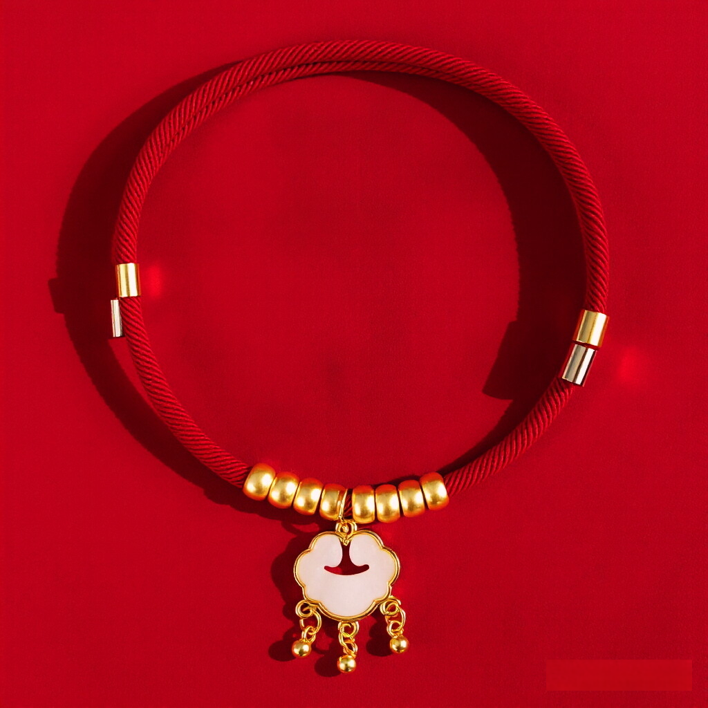 CNY Red Rope Pet Collar – Red rope collar with gold-trimmed white jade ruyi lock and small bells, red