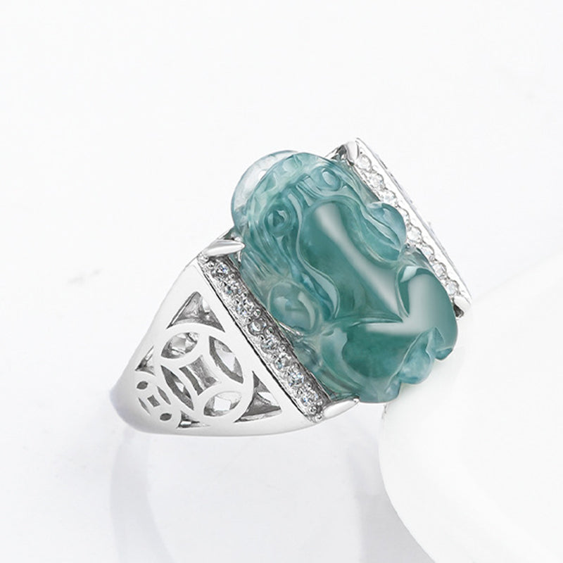 925 Sterling Silver Jade PiXiu Luck Ring – Jade PiXiu ring on woman's hand with white blouse, elegant style