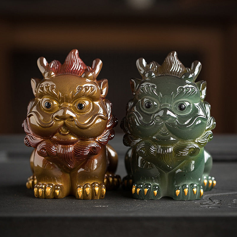 Small PiXiu Tea Pet – Gold and dark green PiXiu pair on black tea tray, matching wealth set