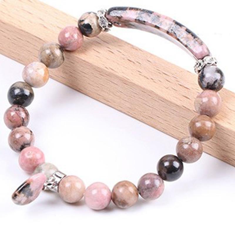 Natural Multi-Stone Love Heart Healing Bracelet - Pink rhodonite variant with dusty rose beads, black manganese veining, curved bar arcs, and heart charm