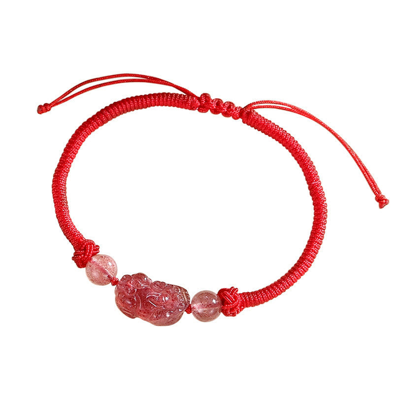 Silver Sheen Obsidian Bracelet – Red strawberry quartz PiXiu bracelet isolated on white
