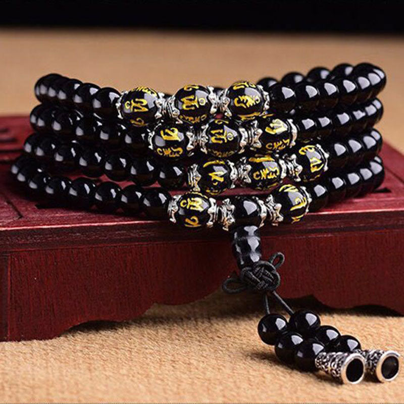 Black Obsidian Mala Bracelet - Multi-strand wrapped bracelet with gold-inscribed mantra beads and endless knot, obsidian j...