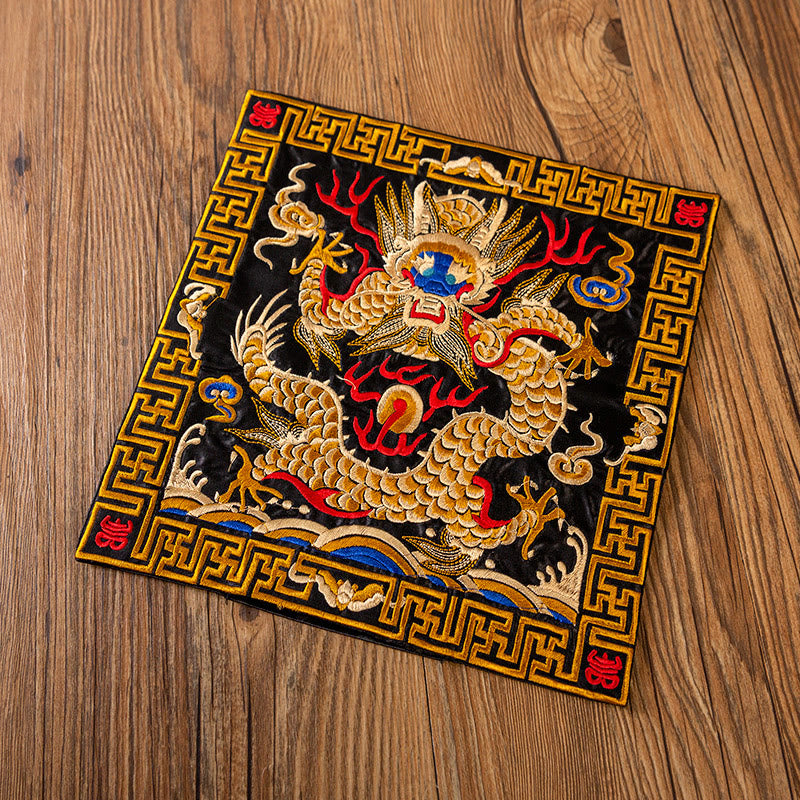 Phoenix Dragon Kirin Embroidery Tea Cup Mat - Black base gold dragon cloud waves, Gold Dynasty