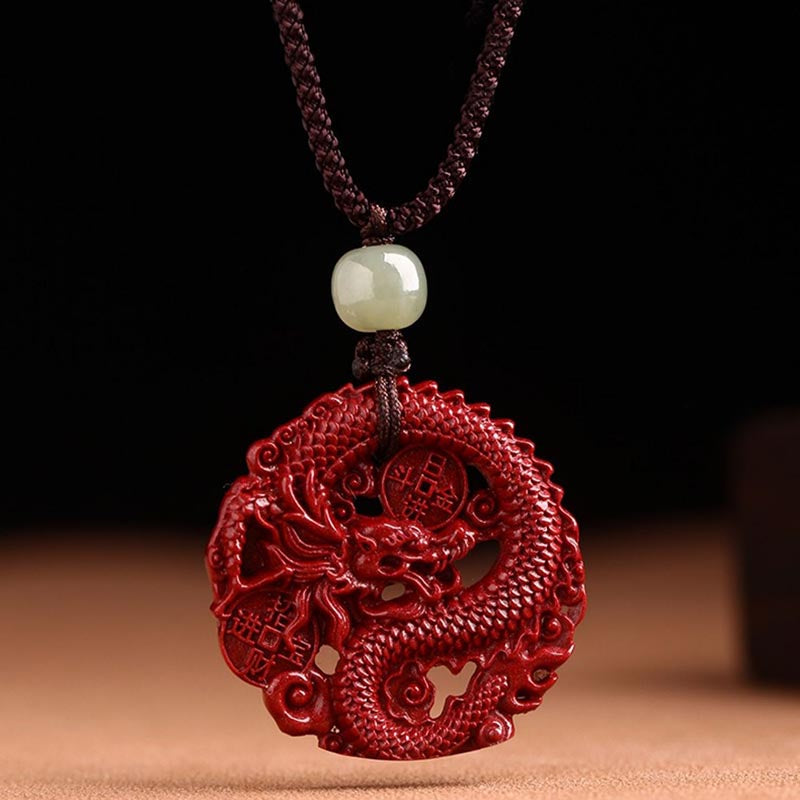 Cinnabar Hetian Jade Dragon Necklace - circular dragon openwork carving, celadon jade accent bead