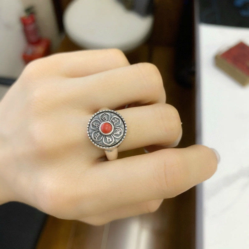 Tibetan Om Mani Padme Hum Ring – Adjustable open band on wood, copper ring