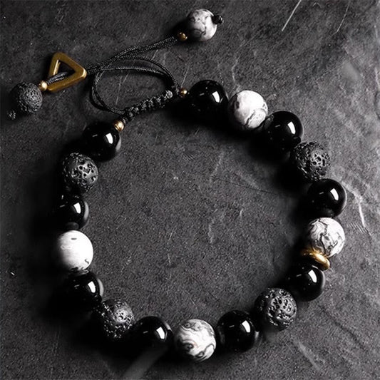 Black Obsidian Lava Rock Yin Yang Bracelet – Mixed obsidian lava rock howlite beads on dark slate, men’s beaded healing br...