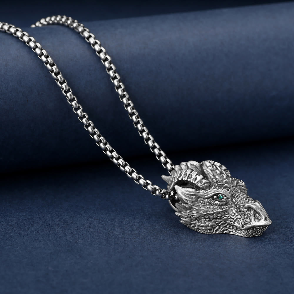 Pure Tin Dragon Head Necklace - Profile dragon head with green eye on suede, mystical protection