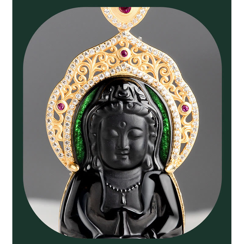 Black Jade Kwan Yin Avalokitesvara Necklace – Durable steel link chain, everyday Buddhist pendant