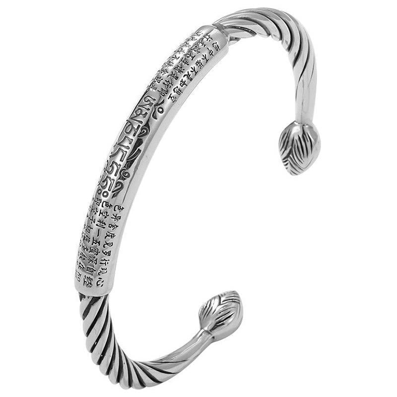 Tibetan Heart Sutra Cuff Bracelet – white background product shot, lotus bud terminals with bilingual engraving
