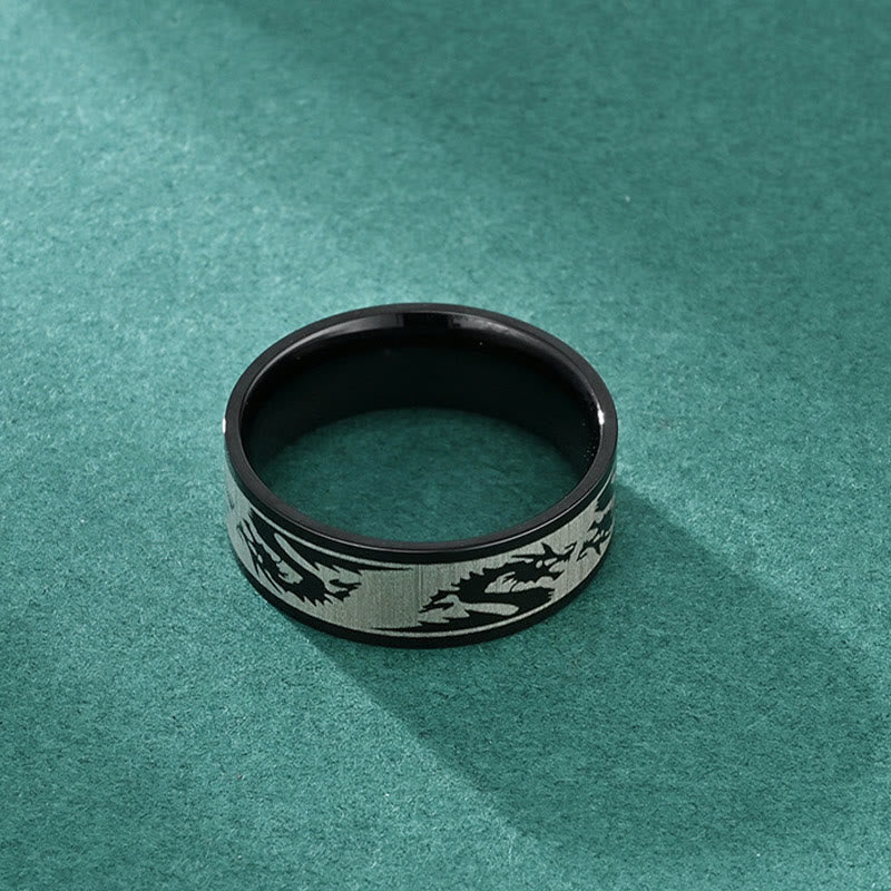 Dragon Titanium Steel Ring – Matte black band with dragon silhouette on turquoise, Edgy