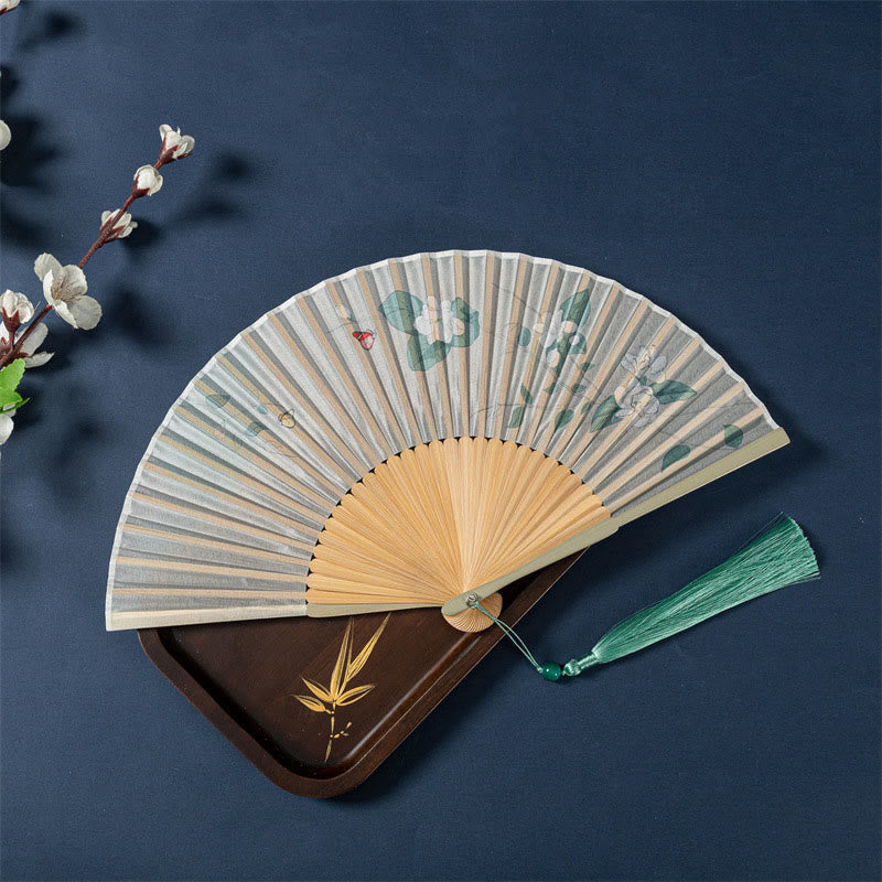 Lotus Begonia Jasmine Handheld Bamboo Folding Fan - lotus begonia and bamboo on blue-gray silk, green tassel