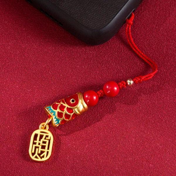 Koi Fish Cinnabar Ruyi Phone Charm – detailed carving on cinnabar koi body, glossy red finish, ruyi phone charm