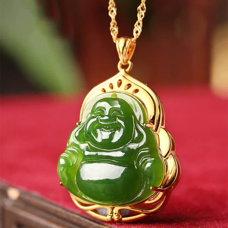925 Silver Hetian Cyan Jade Laughing Buddha 18K Gold Necklace – 18K gold bail silver setting, fine craftsmanship jewelry