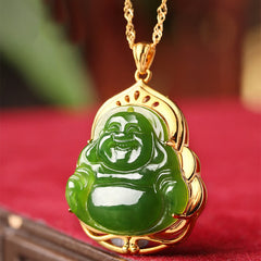925 Silver Hetian Cyan Jade Laughing Buddha 18K Gold Necklace – 18K gold bail silver setting, fine craftsmanship jewelry