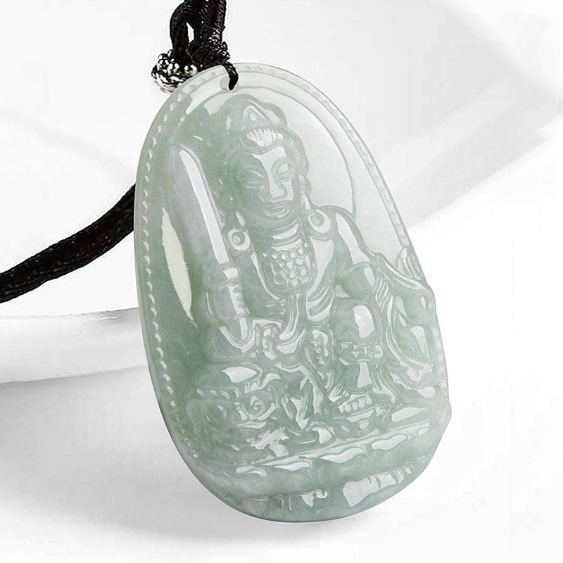 Zodiac Buddha Jade Necklace – side angled view of oval jade zodiac pendant, intricate carving, white background