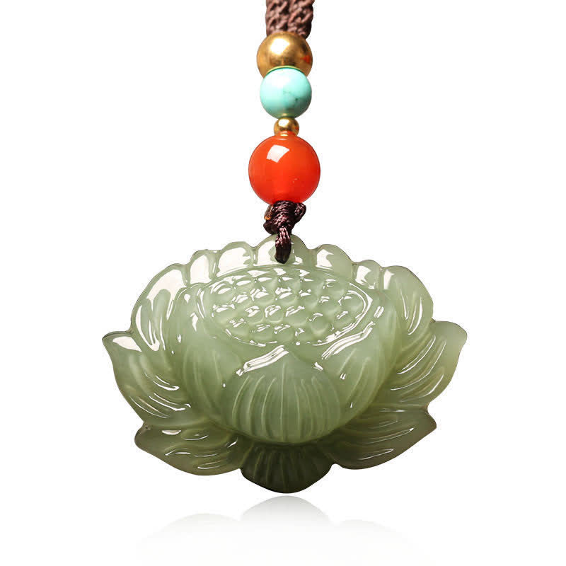 Hetian Jade Lotus Amulet – white background studio shot of celadon lotus with bead accents, auspicious