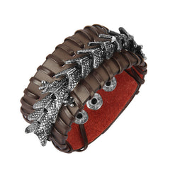 Dragon Leather Weave Protection Bracelet – 3D dragon on woven brown leather cuff with rust suede lining, bold