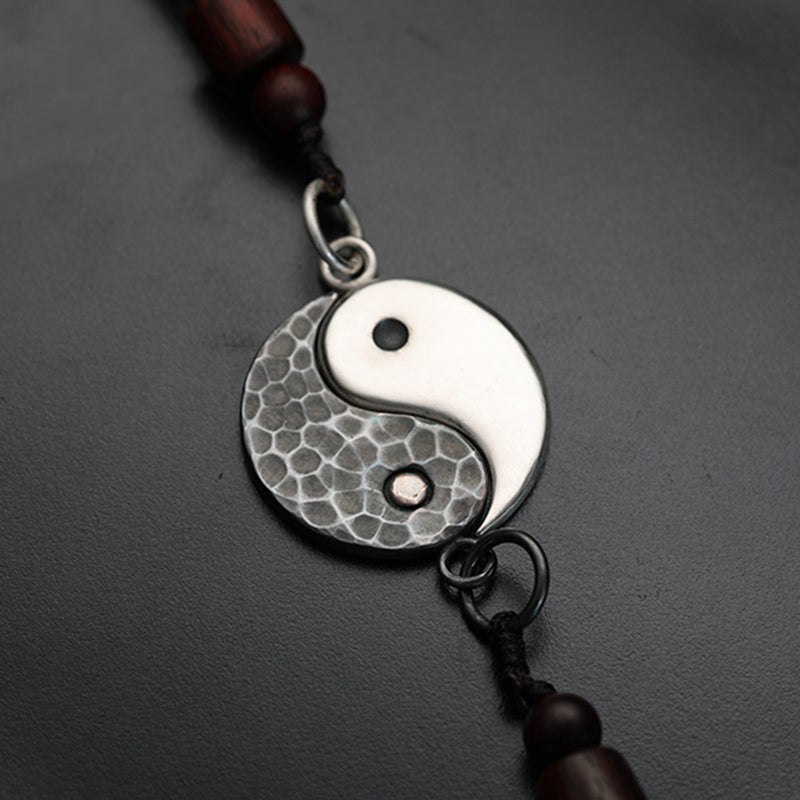 Sterling Silver Yin Yang Pendant - Dual-tone metal pendant with smooth and hammered texture on braided cord, silver yin yang 