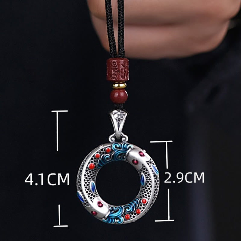 Koi Fish Peace Buckle Necklace - worn on chest showing pendant size and chain length