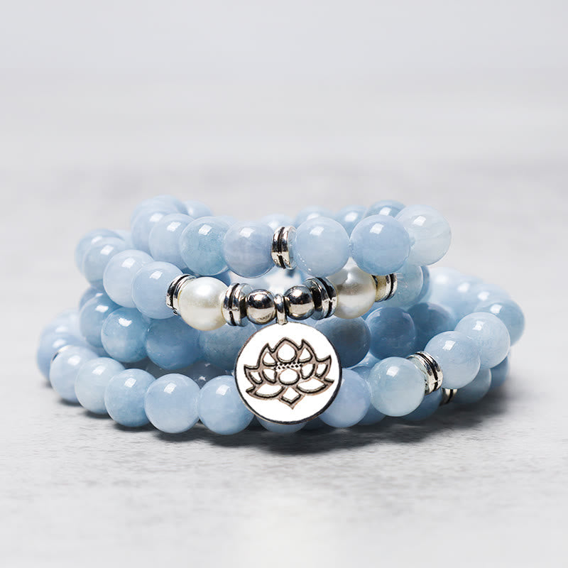 Aquamarine Healing Bracelet – stacked bead strands with pearl accents, calming
