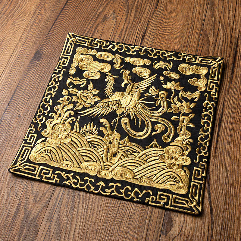 Phoenix Dragon Kirin Embroidery Tea Cup Mat - Black base with gold metallic phoenix, Imperial Luxury