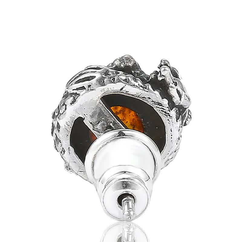 Sterling Silver Amber Dragon Earring – spherical cage design with amber through cut-out windows, Unique