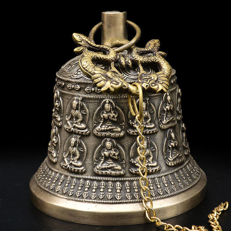 Tibetan Buddha Dragon Wind Chime Bell three-quarter studio shot, double-dragon crown, deity figures, detailed craftsmanship
