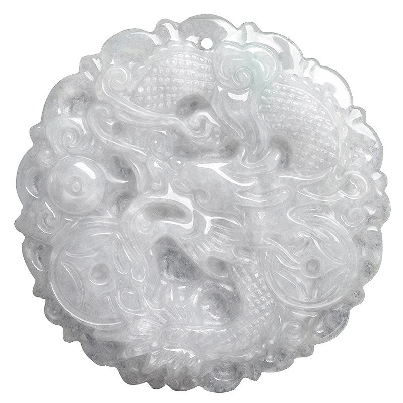 White Jade Dragon Necklace – Front-facing dragon carving on pure white background showing detail, Pure