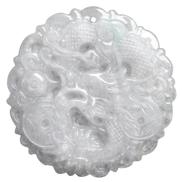 White Jade Dragon Necklace – Front-facing dragon carving on pure white background showing detail, Pure
