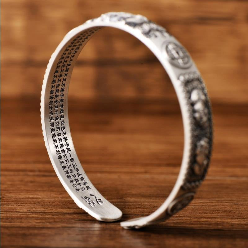 Tibetan PiXiu Heart Sutra Coin White Copper Wealth Bracelet – inner Heart Sutra inscription view, spiritual jewelry