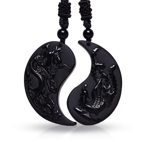 Black Obsidian Dragon Phoenix Necklace - Obsidian dragon phoenix yin yang pendants on white background, Protection Image principale du produit