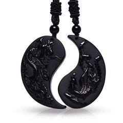 Black Obsidian Dragon Phoenix Necklace - Obsidian dragon phoenix yin yang pendants on white background, Protection