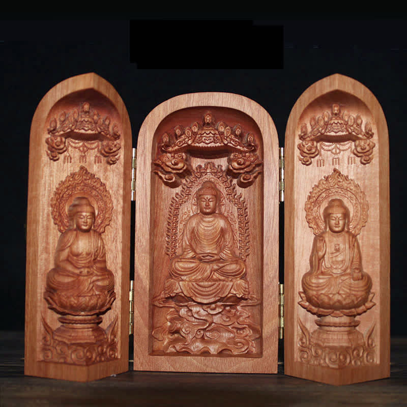 Cherry Wood Altar – Kwan Yin with offerings, home shrine