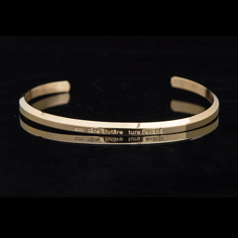 Om Mani Padme Hum Engraved Bracelet – gold cuff with Green Tara mantra engraving, Buddhist bracelet