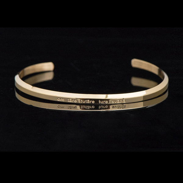Om Mani Padme Hum Engraved Bracelet – gold cuff with Green Tara mantra engraving, Buddhist bracelet