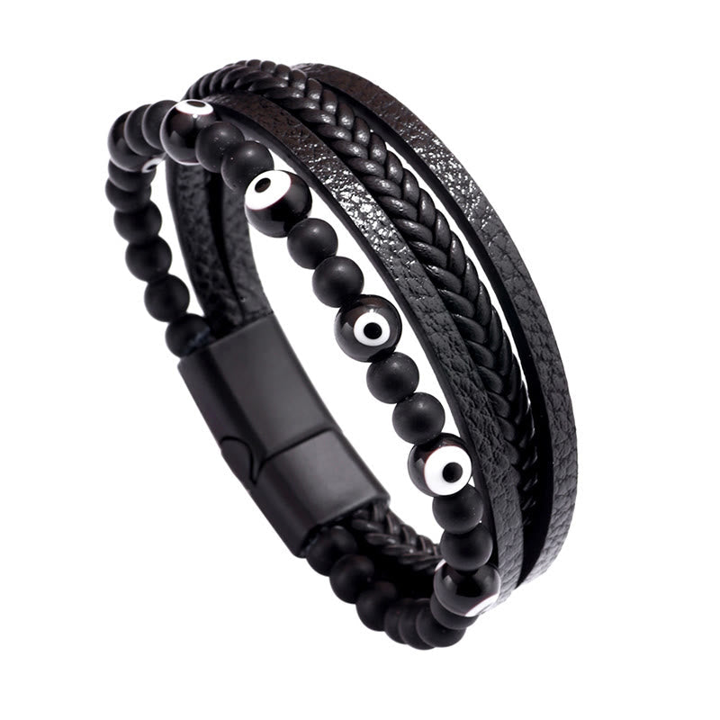 Evil Eye Tiger Eye Bracelet – Black onyx beaded multi-strand leather bracelet with nazar, white background