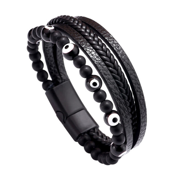 Evil Eye Tiger Eye Bracelet – Black onyx beaded multi-strand leather bracelet with nazar, white background