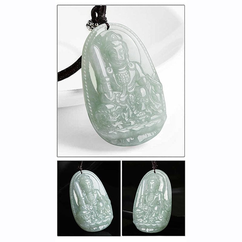 Zodiac Buddha Jade Necklace – back view of smooth jade pendant, natural stone grain, black cord attachment detail