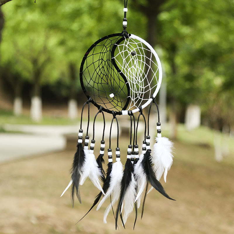 Yin Yang Dream Catcher with Feathers – In green foliage with beaded feather tassels, boho art