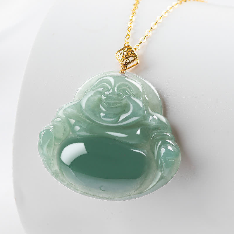Laughing Buddha Jade Prosperity Necklace 18K Gold Abundance Pendant – genuine jade gold chain, wealth abundance statement nec