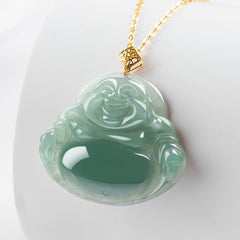 Laughing Buddha Jade Prosperity Necklace 18K Gold Abundance Pendant – genuine jade gold chain, wealth abundance statement nec