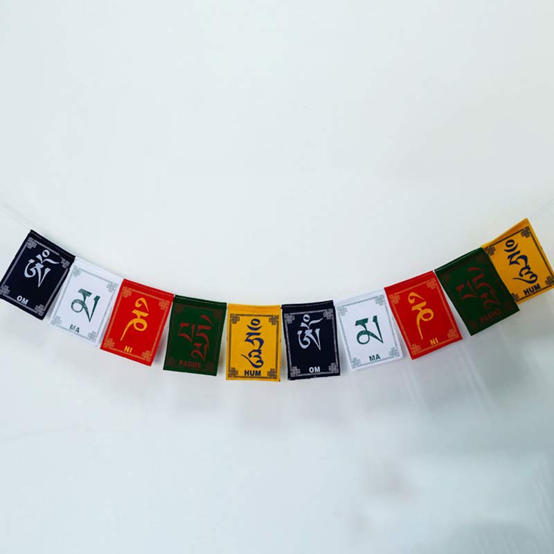 Tibetan Prayer Flags – Complete flag string on white backdrop with Om Mani Padme Hum transliterations, Buddhist decor