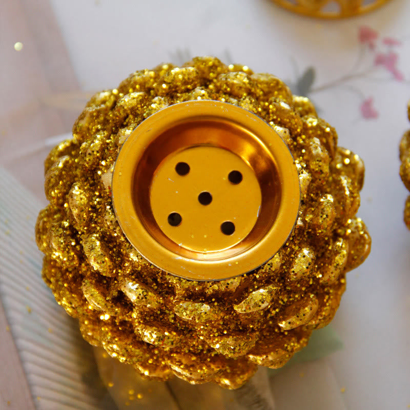 Gold Pine Cone Mini Incense Burner - Overhead five-hole top with gold glitter, pink petals, zen decor