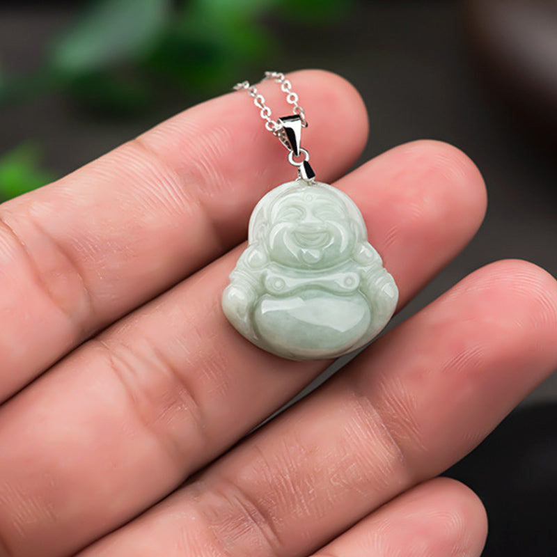 Jade Laughing Buddha Blessing Necklace – hand-held jade Buddha pendant, scale reference, natural warmth