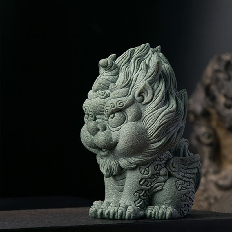 PiXiu Sandstone Statue – Side profile on black stand, dark studio background, detailed carved ornament