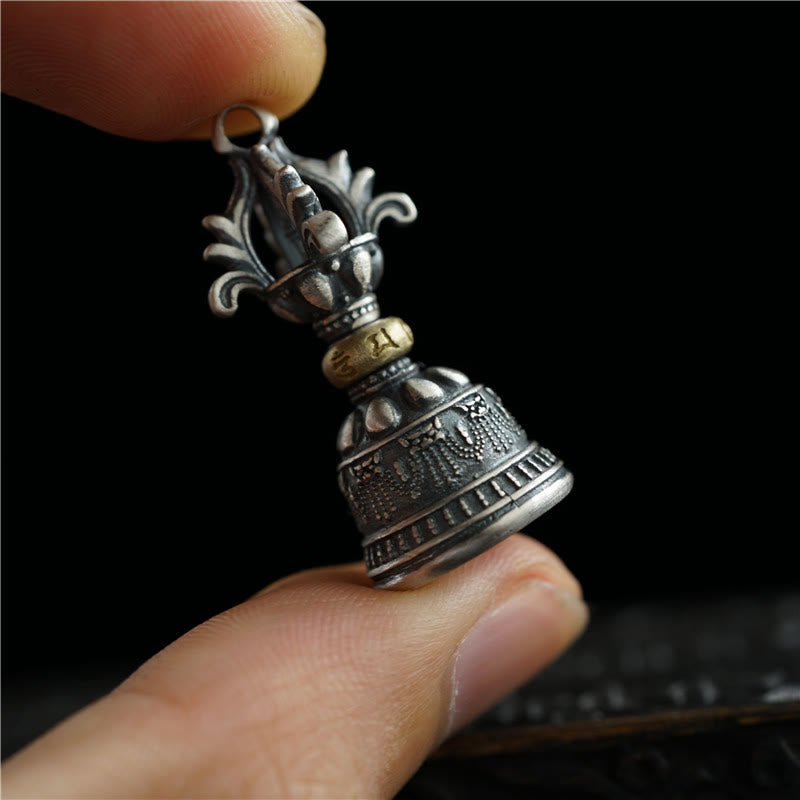925 Silver Dorje Bell Pendant – Oxidized silver ritual bell held in hand showing Om mantra band Hauptbild