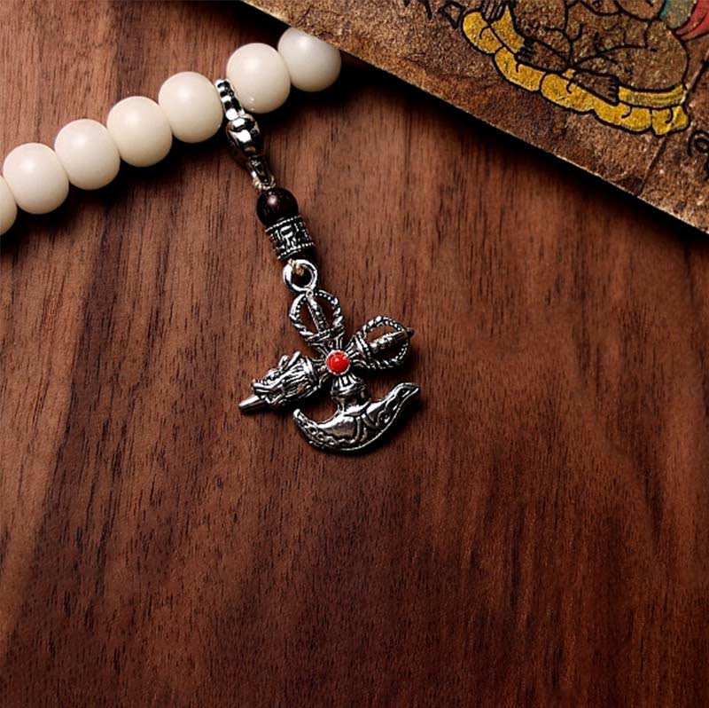 108 Mala Beads Bracelet – Close-up vajra pendant with red gem accent
