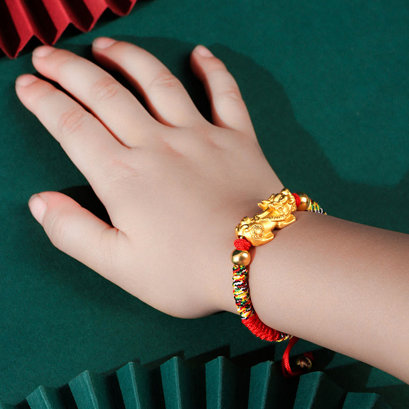 999 Sterling Silver PiXiu King Kong Knot Kids Bracelet – 999 Sterling Silver Golden PiXiu / Red Rope(Bracelet Size 12+4cm)...