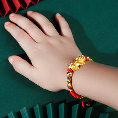 999 Sterling Silver PiXiu King Kong Knot Kids Bracelet – 999 Sterling Silver Golden PiXiu / Red Rope(Bracelet Size 12+4cm)...