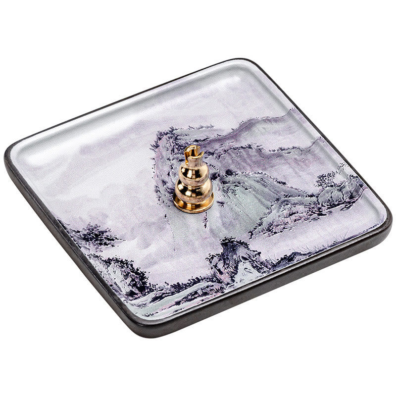 Ink Wash Incense Holder – Black and gray mountain landscape ceramic plate with brass pagoda holder